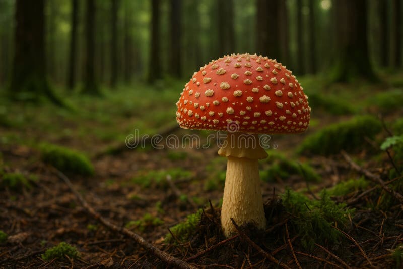 清晨清亮的宁静森林中鲜活的红菇 免版税库存照片