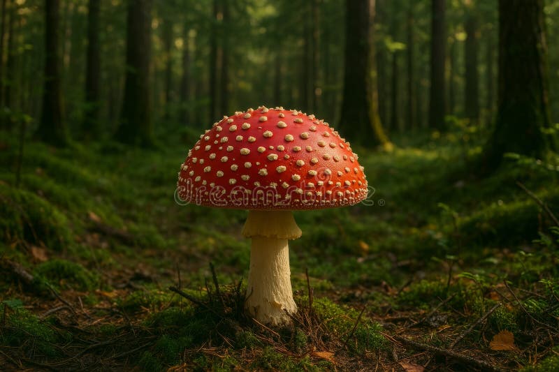 清晨清亮的宁静森林中鲜活的红菇 库存图片