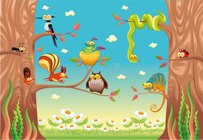 Funny animals on branches. Cartoon and scene, isolated objects. Funny animals on branches. Cartoon and scene, isolated objects.