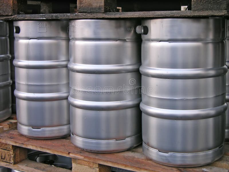 Metal beer barrels at the brewery. Metal beer barrels at the brewery