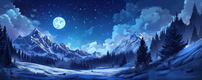 满月的雄伟冬日景观，星光的夜空，雪覆盖的山峦，复制文字空间 免版税库存照片