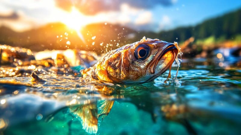 漂浮塑料在污染水域中游动的鱼 库存例证