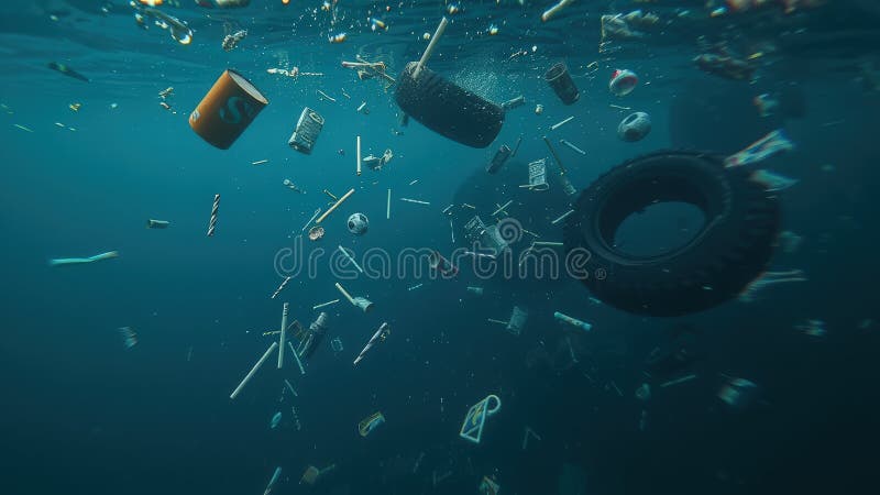 漂浮塑料废料的深蓝水 皇族释放例证