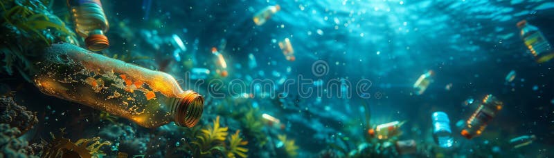 漂浮塑料瓶的海洋景观微塑3D污染描述 皇族释放例证