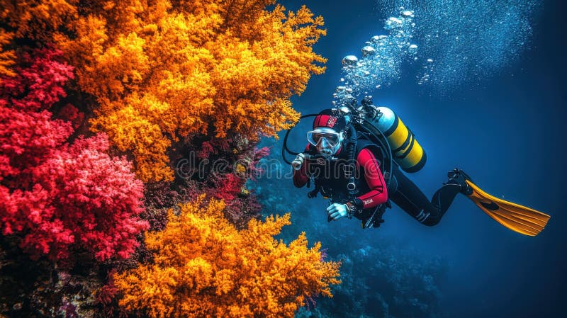 潜水员在水下探索活跃珊瑚礁 库存例证