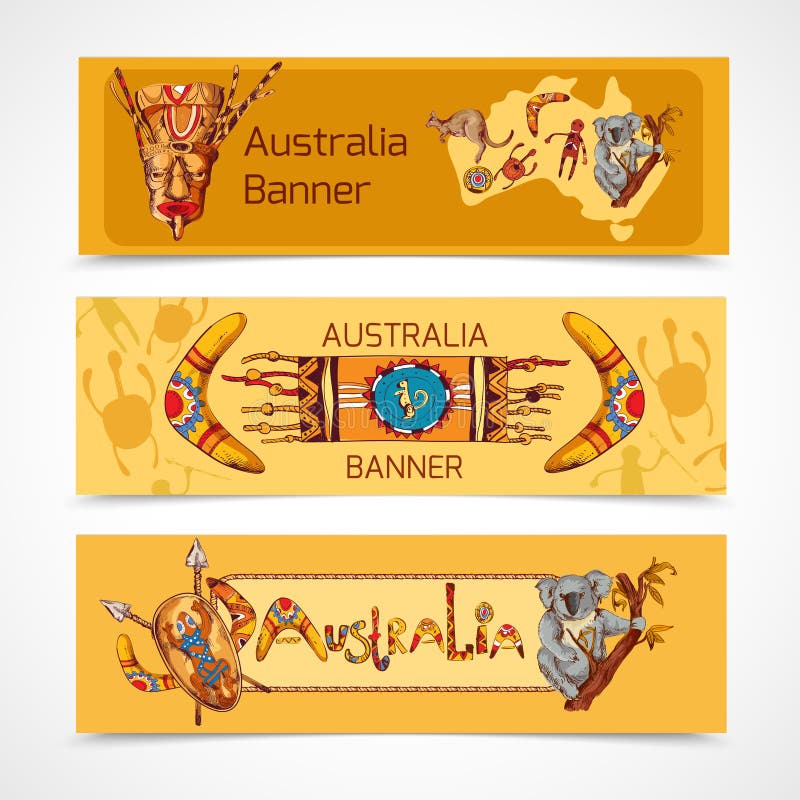 Australia native aboriginal tribal ethnic colored sketch horizontal banner set isolated vector illustration. Australia native aboriginal tribal ethnic colored sketch horizontal banner set isolated vector illustration