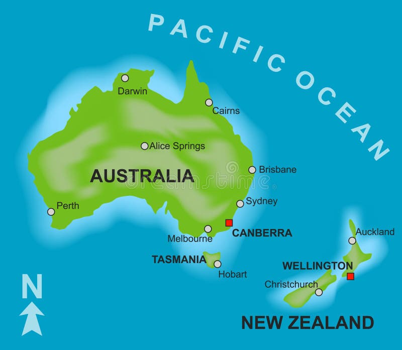 A stylized map showing the countries of Australia and New Zealand. A stylized map showing the countries of Australia and New Zealand.