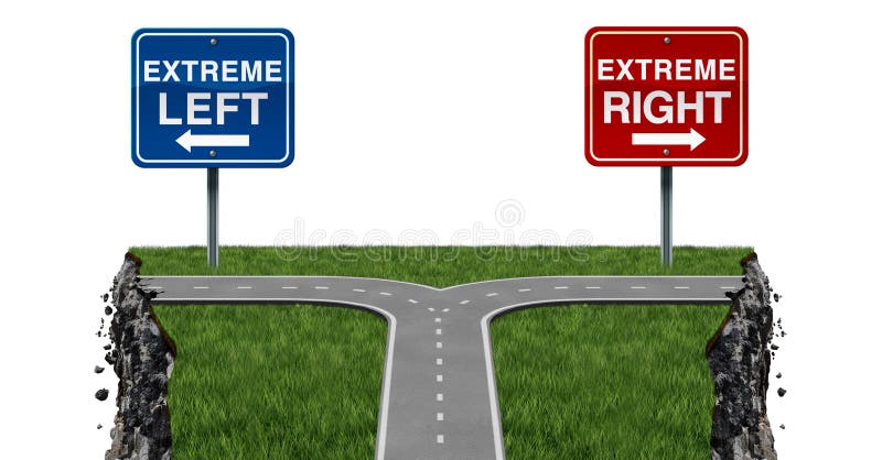 Radical politics and extremism or extreme left and right ideology as a social risk and society danger with 3D illustration elements. Radical politics and extremism or extreme left and right ideology as a social risk and society danger with 3D illustration elements