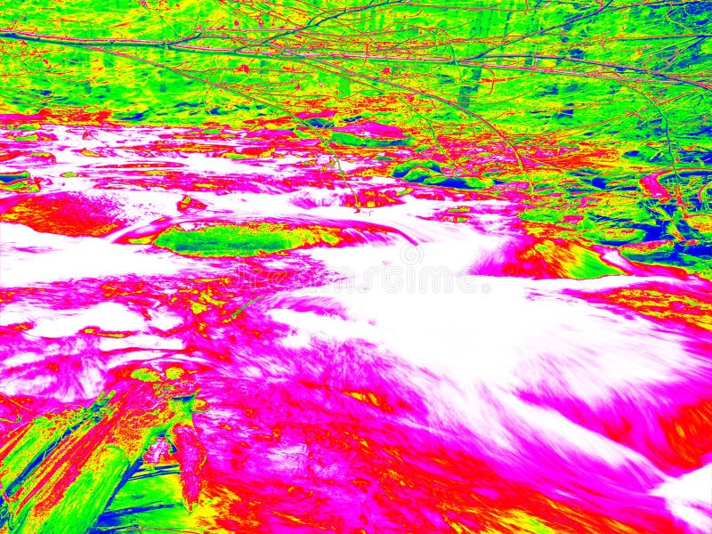 Foamy water level of waterfall, curves between boulders of rapids. Cold water of mountain river in infrared photo. Amazing thermography. Foamy water level of waterfall, curves between boulders of rapids. Cold water of mountain river in infrared photo. Amazing thermography.