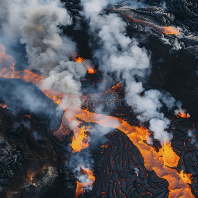 Aerial view capturing the intense details of molten lava and billowing smoke during a volcanic eruption AI generated. Aerial view capturing the intense details of molten lava and billowing smoke during a volcanic eruption AI generated