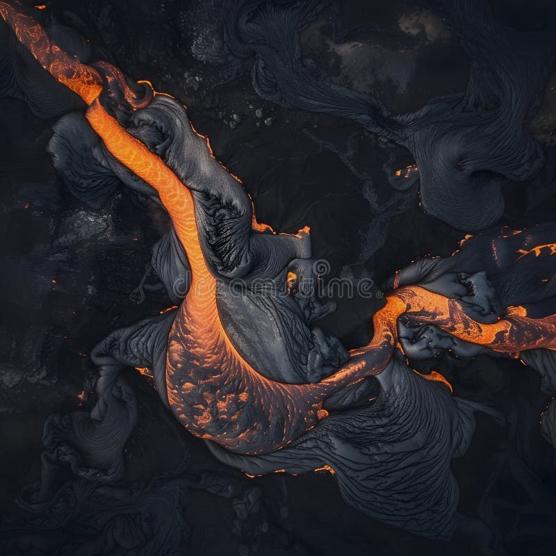 Aerial view of molten lava streams glowing in darkness, showcasing nature&#x27;s raw power AI generated. Aerial view of molten lava streams glowing in darkness, showcasing nature&#x27;s raw power AI generated