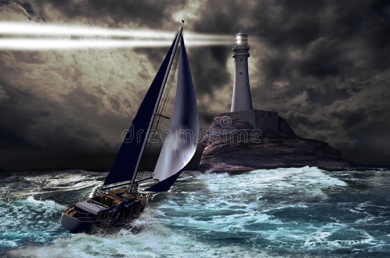 A lighthouse tower projects its light through a stormy sky, as a sailboat approaches it. A lighthouse tower projects its light through a stormy sky, as a sailboat approaches it.