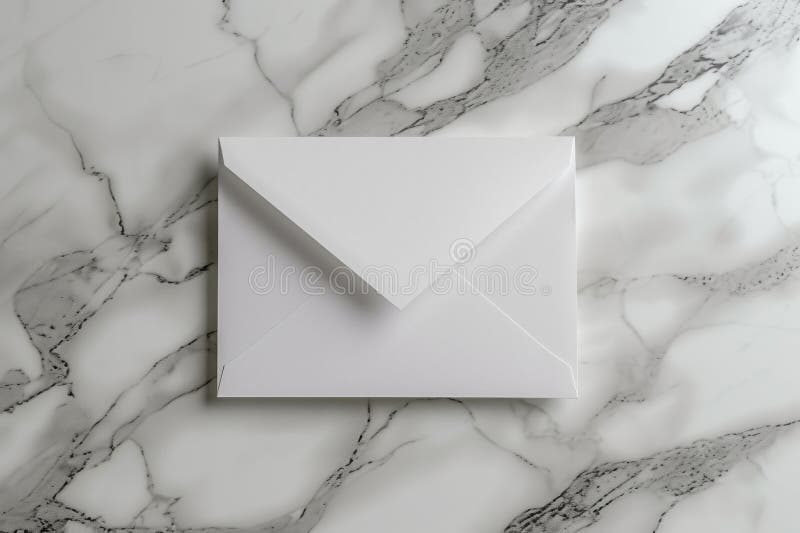 White blank envelope on gray marble table background. Top view. AI generated. White blank envelope on gray marble table background. Top view. AI generated