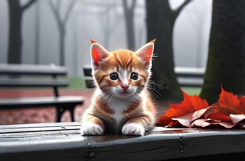 灰色雨秋，坐在长椅旁的水彩小猫 库存例证