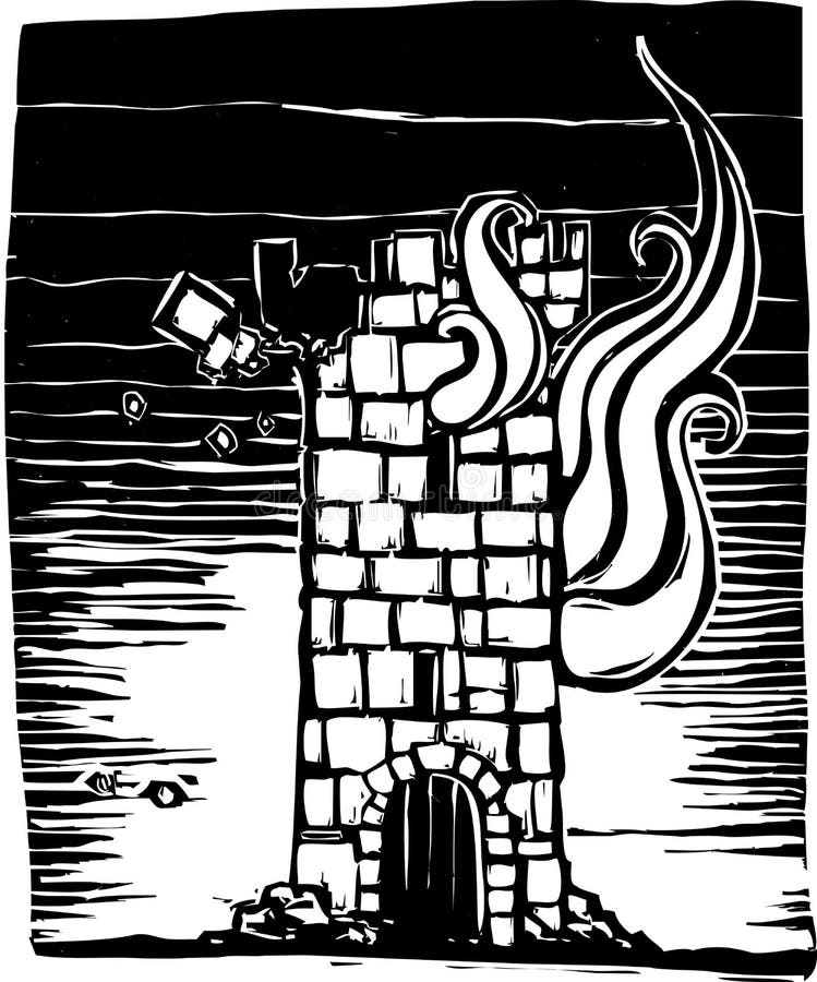 A woodcut style castle tower keep burning down. A woodcut style castle tower keep burning down.