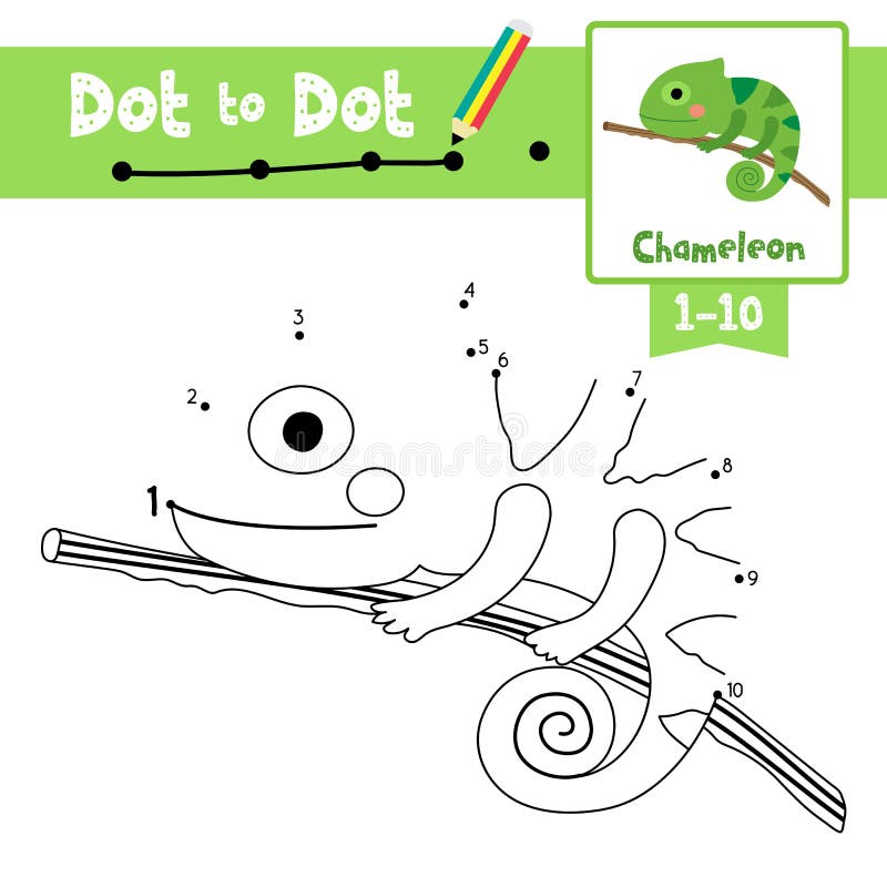 Dot to dot educational game and Coloring book of Chameleon on branch animals cartoon character for preschool kids activity about learning counting number 1-10 and handwriting practice worksheet. Vector Illustration. Dot to dot educational game and Coloring book of Chameleon on branch animals cartoon character for preschool kids activity about learning counting number 1-10 and handwriting practice worksheet. Vector Illustration