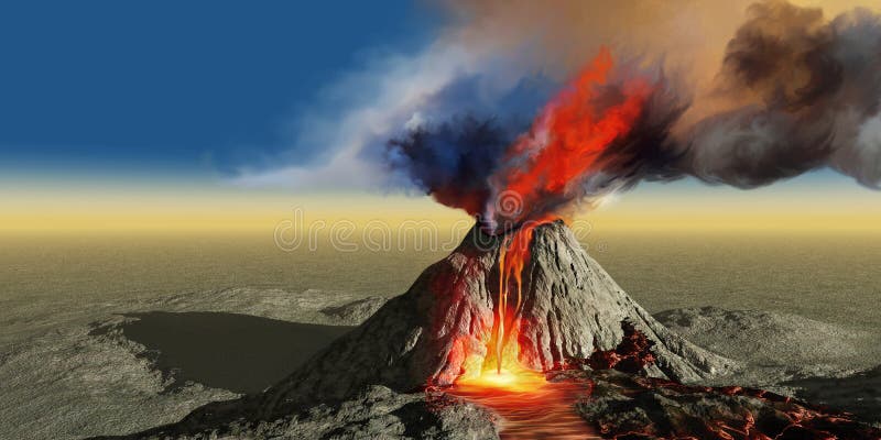 An active volcano belches smoke and molten red lava in an eruption. An active volcano belches smoke and molten red lava in an eruption.