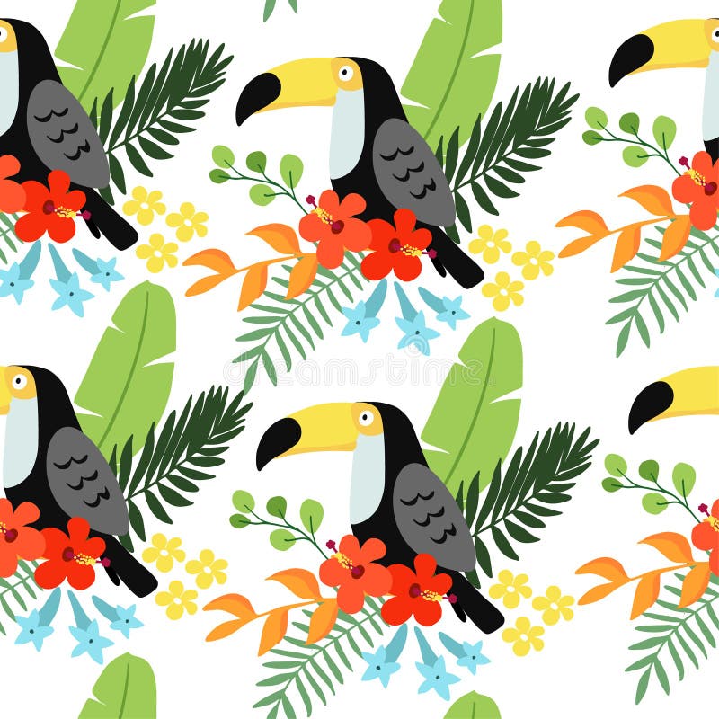 热带与toucan鸟、heliconia和木槿花和棕榈叶,平的设计的密林无缝的样式 向量 皇族释放例证 热带与toucan鸟、heliconia和木槿花和棕榈叶,平的设计的密林无缝的样式 向量 皇族释放例证