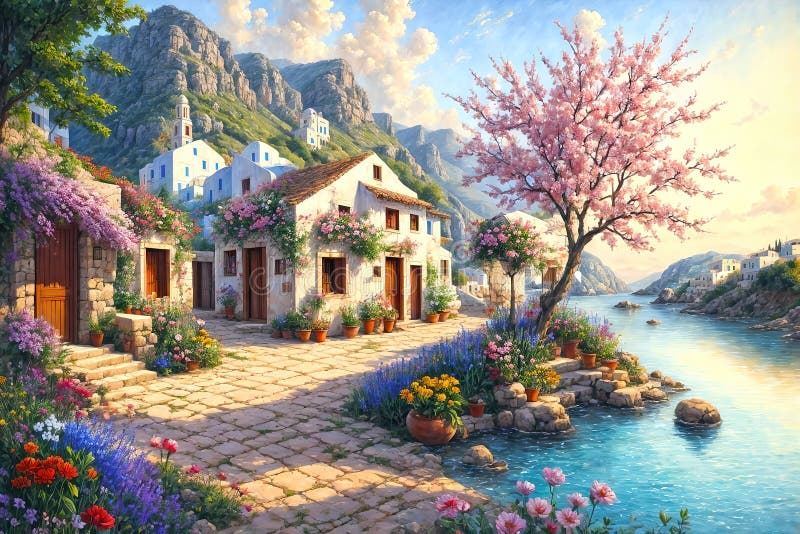 热带岛屿上的一栋小房子，享有海湾的美丽景色，游艇油画风格的景观 皇族释放例证