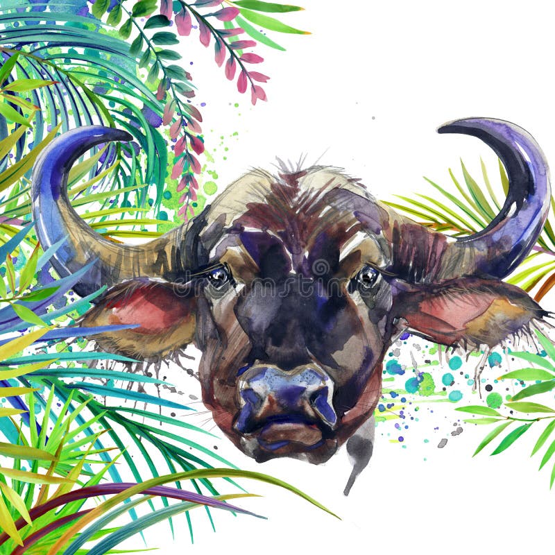 Tropical exotic forest, green leaves, wildlife, buffalo, watercolor illustration. Tropical exotic forest, green leaves, wildlife, buffalo, watercolor illustration.