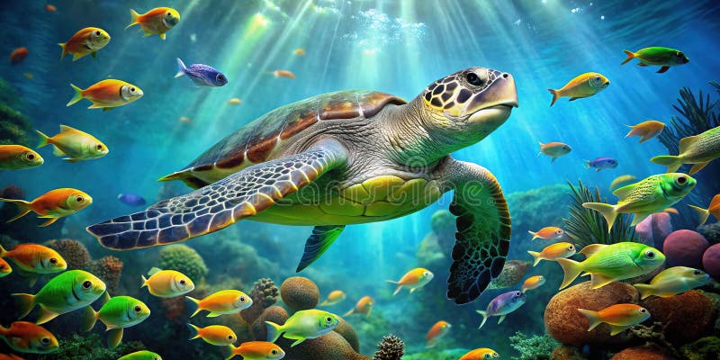 热带水族馆中绿海龟的优雅与宁静的水下场景 库存例证
