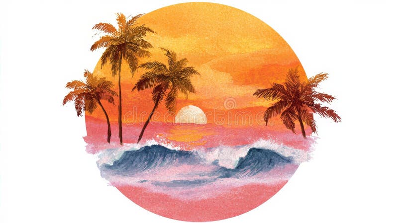 142 海的水彩风景或海洋和棕榈在日落库存照片— Dreamstime中的免费和免