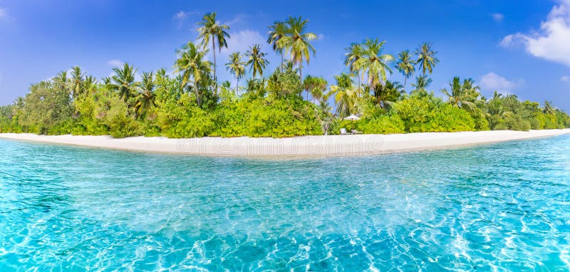 热带海滩横幅和夏天风景背景 假期和假日与棕榈树和热带海岛靠岸
