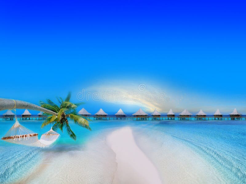 Tropical Beach with Bungalows and blue sky. Tropical Beach with Bungalows and blue sky