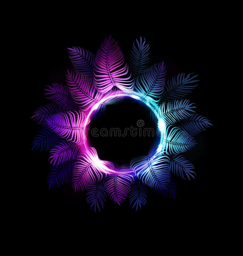 Tropic neon jungle night summer vector background. Hawaiian party. Dark tropical exotic illustration with palms and light neon circle for beach nightclub poster or sign, for edm music summer festival. Tropic neon jungle night summer vector background. Hawaiian party. Dark tropical exotic illustration with palms and light neon circle for beach nightclub poster or sign, for edm music summer festival