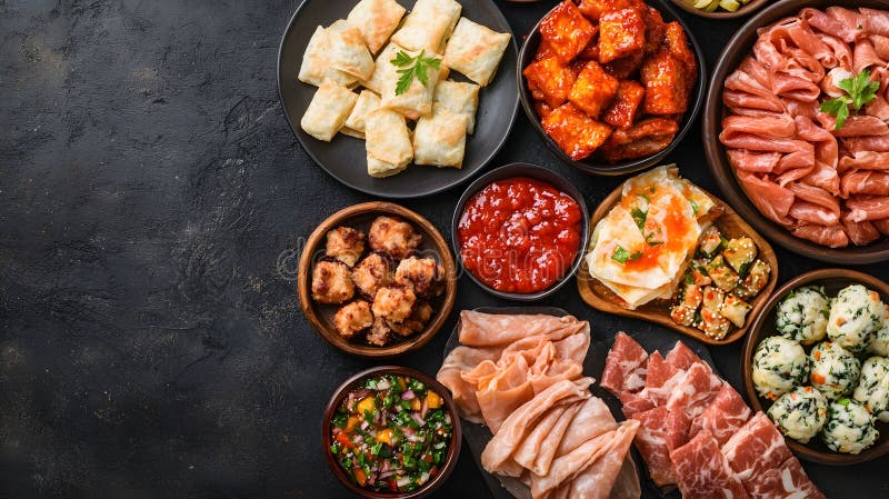 热闹的餐桌上摆满了传统的中国新年小吃和菜肴，供人们欢庆的庆祝活动 库存例证