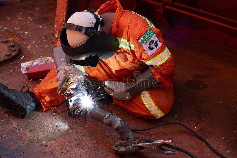 fabrication of  damaged pipeline by welding onboard ship. fabrication of  damaged pipeline by welding onboard ship