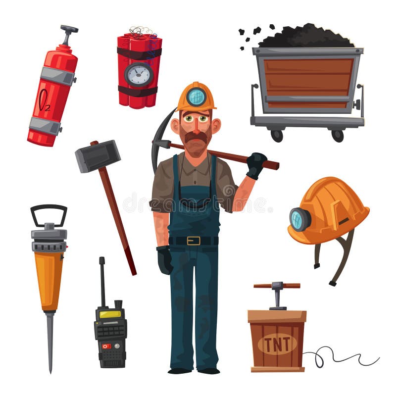 Coal mining. Miner character and tools. Cartoon vector illustration. Extraction industry. Worker`s equipment. Coal mining. Miner character and tools. Cartoon vector illustration. Extraction industry. Worker`s equipment.