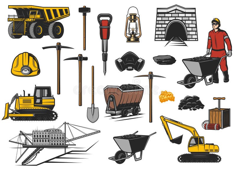 Ore and coal mining industry equipment vector icons. Coal mine dump truck, miner helmet, pickaxes, shovel and oil lamp, gold and iron coal, ore pit excavator, jack hammer, digger, rail cart and tunnel. Ore and coal mining industry equipment vector icons. Coal mine dump truck, miner helmet, pickaxes, shovel and oil lamp, gold and iron coal, ore pit excavator, jack hammer, digger, rail cart and tunnel