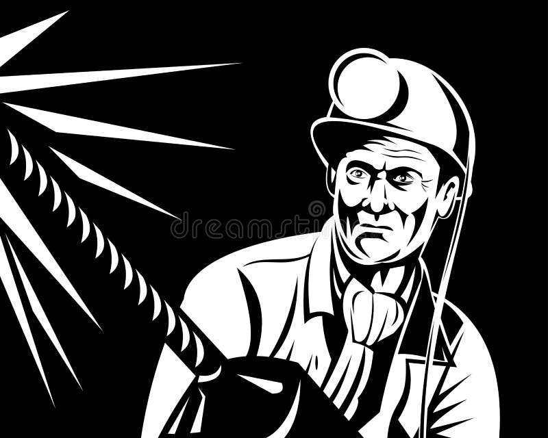 Vector illustration of a coal miner with rock drill in woodcut style. Vector illustration of a coal miner with rock drill in woodcut style