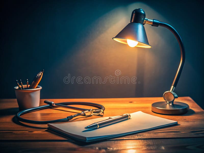照明听诊器和病历:夜间医生专注的工作区 皇族释放例证