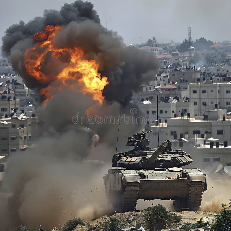 Military tank pushes forward through a cloud of dust against a backdrop of a large explosion AI generated. Military tank pushes forward through a cloud of dust against a backdrop of a large explosion AI generated