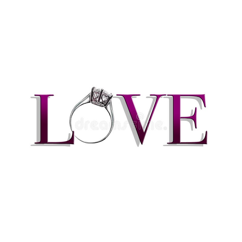 Love text with a diamond ring over white background. Love text with a diamond ring over white background