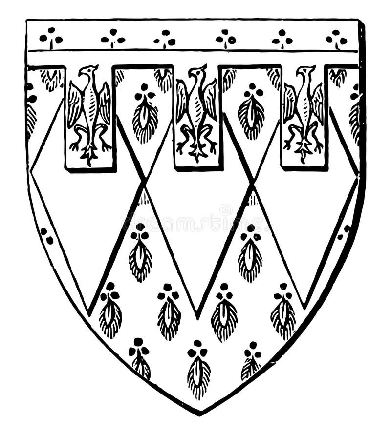 Shield of Sir Edward de Montague is a escutcheon field heraldry vintage line drawing or engraving illustration. Shield of Sir Edward de Montague is a escutcheon field heraldry vintage line drawing or engraving illustration