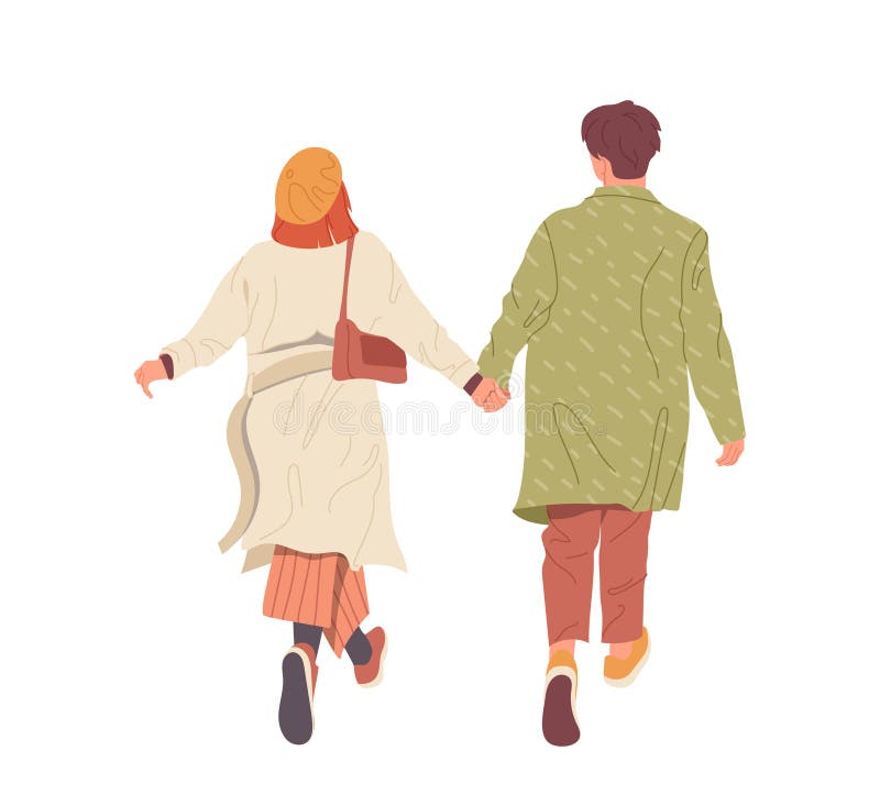 爱着秋装的快乐的年轻情侣手牵着开心的手一起走 向量例证
