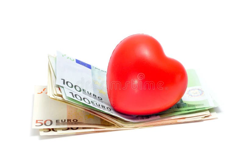 A red heart and some euro bills symbolizing concept love for money. A red heart and some euro bills symbolizing concept love for money