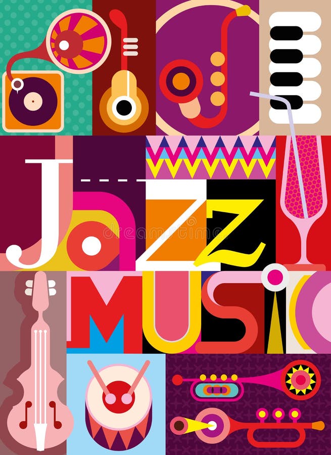 Jazz. Musical collage - vector illustration with musical instruments and inscription Jazz Music. Design with fonts. Jazz. Musical collage - vector illustration with musical instruments and inscription Jazz Music. Design with fonts.