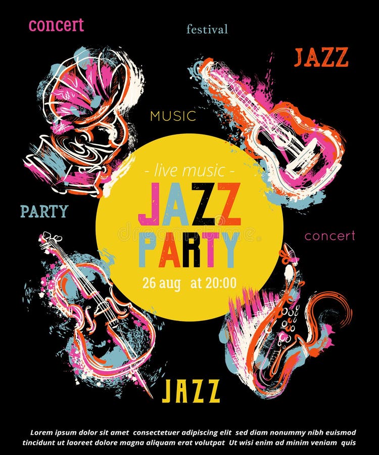 Jazz music party poster with musical instruments. Saxophone, guitar, cello, gramophone with grunge watercolor splashes. Design template for invitation, card, placard and flyer. Vector illustration. Jazz music party poster with musical instruments. Saxophone, guitar, cello, gramophone with grunge watercolor splashes. Design template for invitation, card, placard and flyer. Vector illustration