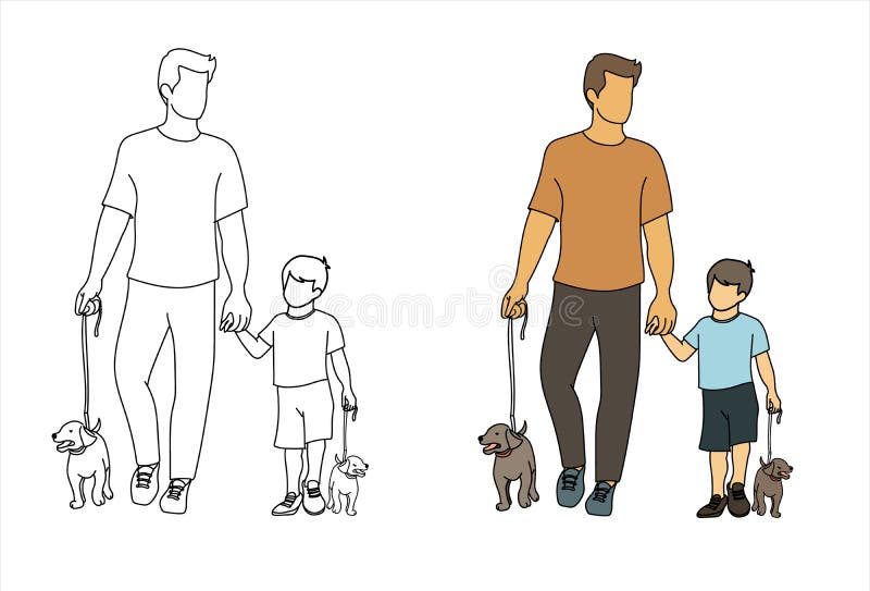 父亲的孩子和狗. 线艺. 一个和儿子和狗一起散步的男人. 矢量 向量例证