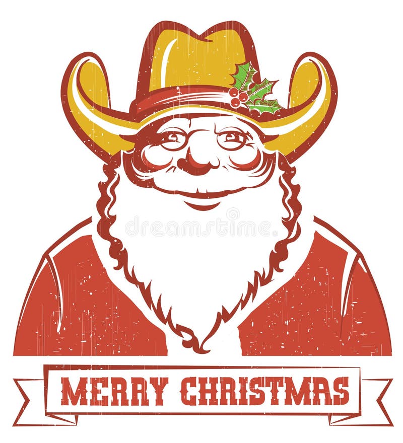 Santa Claus in cowboy hat on old paper with text.Christmas card. Santa Claus in cowboy hat on old paper with text.Christmas card