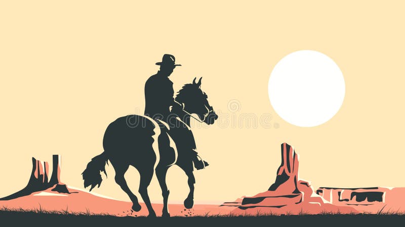 Horizontal cartoon illustration of prairie with hero of the wild West leaves in sunset. Horizontal cartoon illustration of prairie with hero of the wild West leaves in sunset.