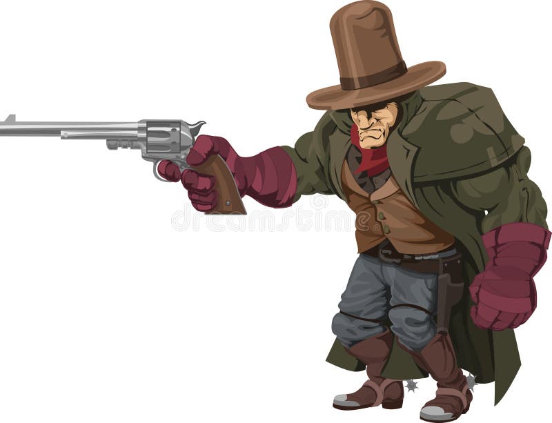 Illustration of cool mean looking cowboy gunman with pistol. Illustration of cool mean looking cowboy gunman with pistol