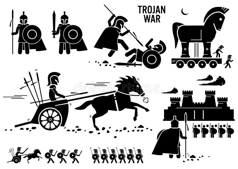 Set of human pictogram representing the Trojan war historical event. The Trojan warriors use shield, sword, pike, spear, and chariot to kill their enemy. They siege the castle, and also use the Trojan Horse to infiltrate the enemy castle. Set of human pictogram representing the Trojan war historical event. The Trojan warriors use shield, sword, pike, spear, and chariot to kill their enemy. They siege the castle, and also use the Trojan Horse to infiltrate the enemy castle.