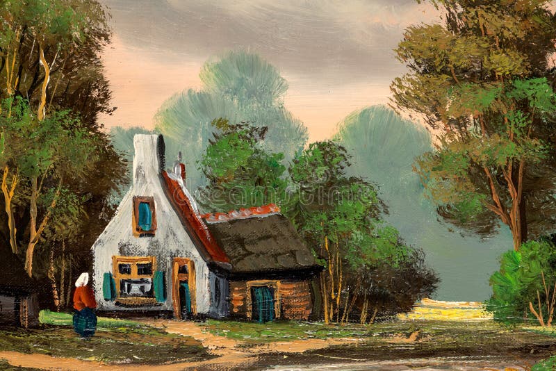近距离拍摄一幅复古田园风格的油画，描绘了乡村小屋和木屋库存例证