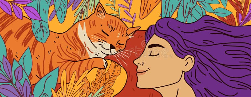 猫与女自然和谐彩绘. 一只放松的橙色猫,一个紫色头发的宁静女人 向量例证