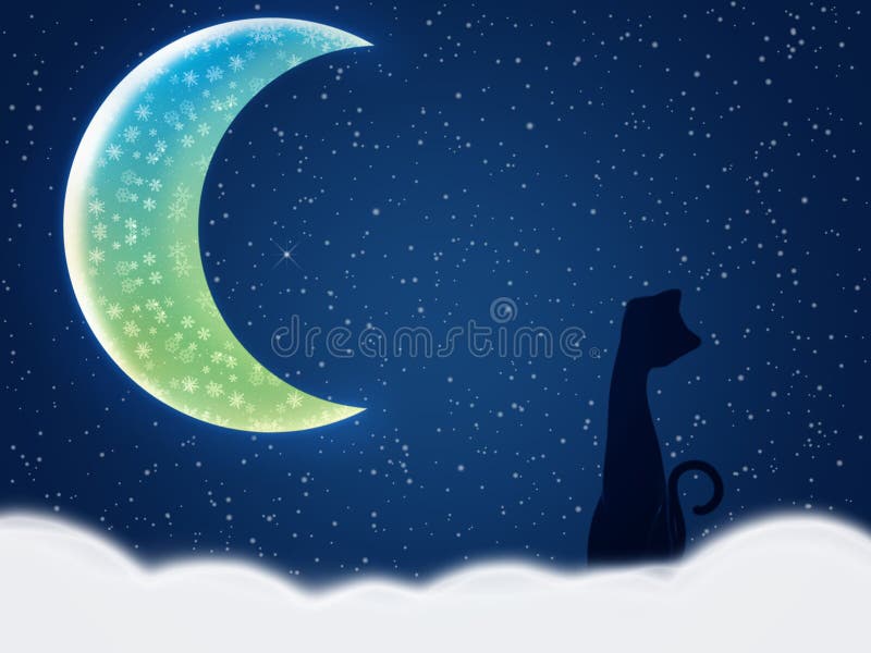 Cat silhouette against moon on snowy winter night. Cat silhouette against moon on snowy winter night